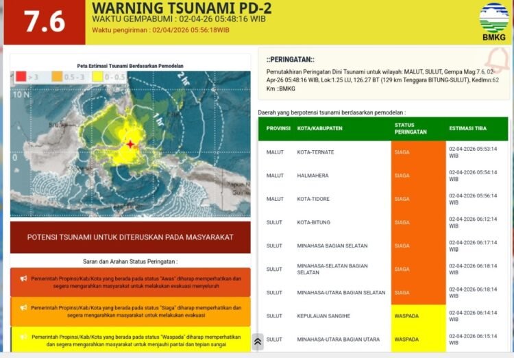 Gempabumi Tektonik M7,6 Guncang Pulau Batang Dua Ternate, Berpotensi Tsunami